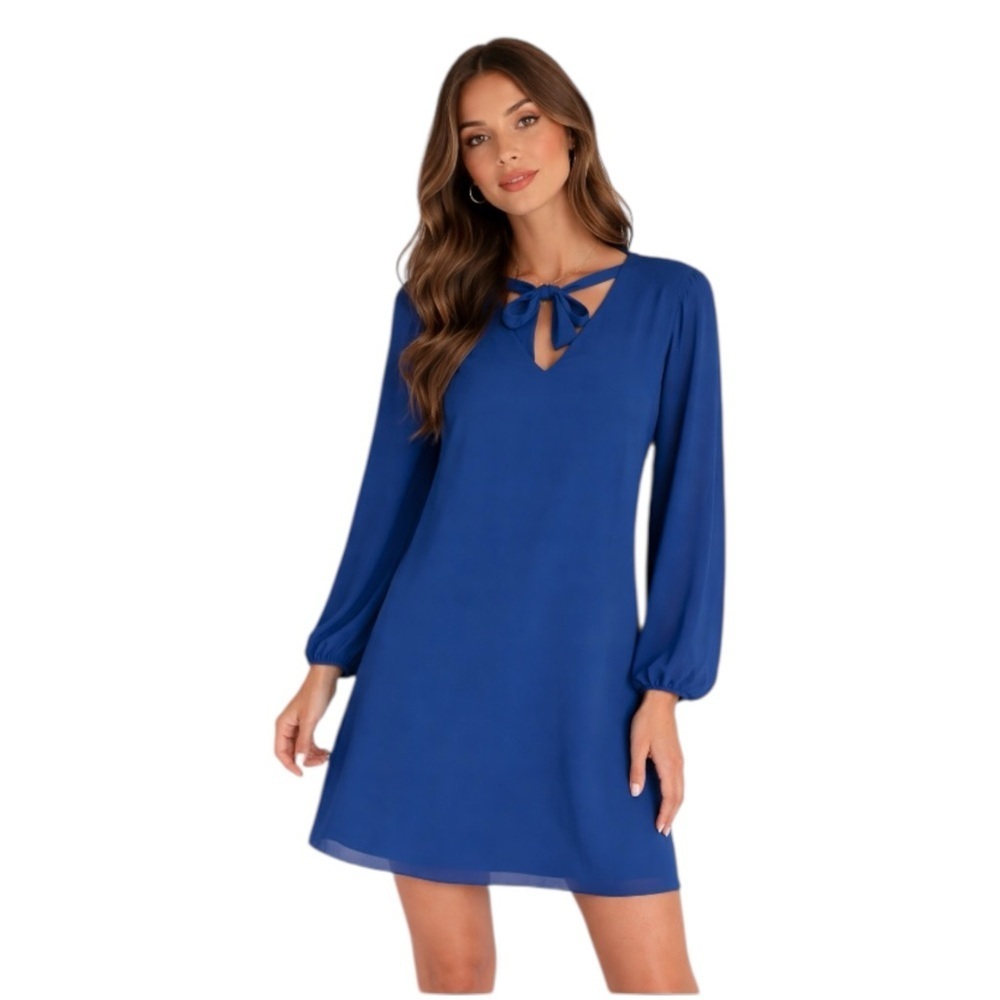 INC International Concepts Blue Shift Dress Long Sleeve Tie Neck Size L